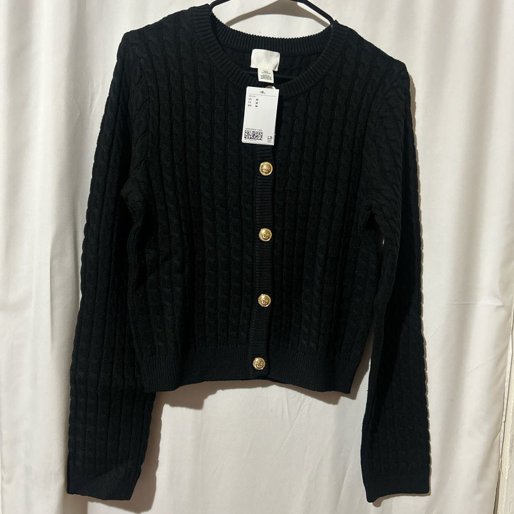 H&M Black Cable Knit Cardigan with Gold Buttons